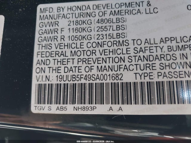 44486133 :رقم المزاد ، 19UUB5F49SA001682 vin ، 2025 Acura Tlx Technology Package مزاد بيع