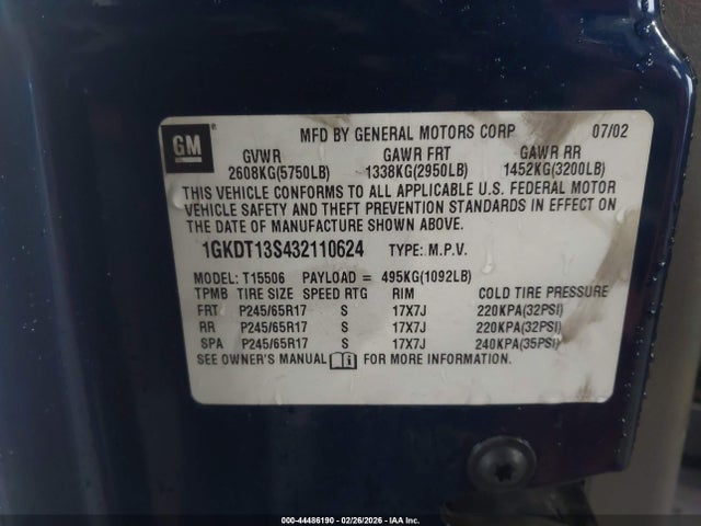 2003 Gmc Envoy Sle მანქანა იყიდება აუქციონზე, vin: 1GKDT13S432110624, აუქციონის ნომერი: 44486190
