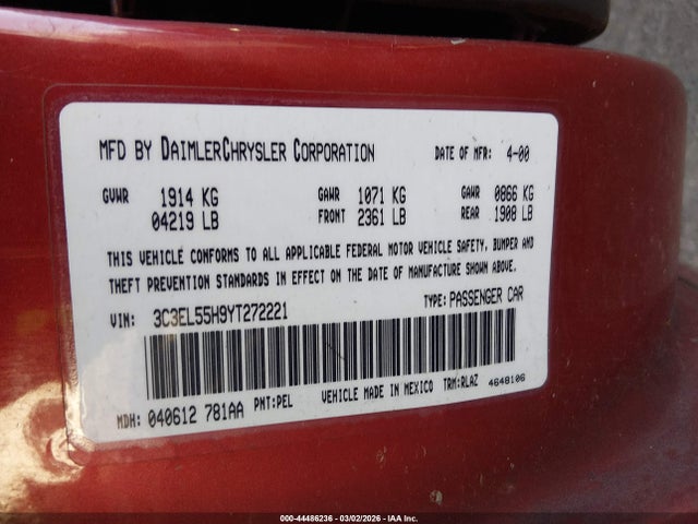 Продаж на аукціоні авто 2000 Chrysler Sebring Jxi, vin: 3C3EL55H9YT272221, номер лоту: 44486236