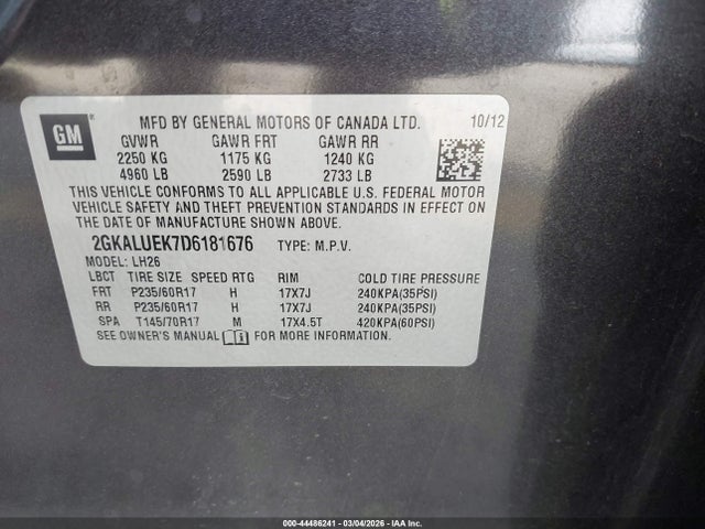 Aukcja sprzedaży 2013 Gmc Terrain Slt-1, vin: 2GKALUEK7D6181676, numer aukcji: 44486241