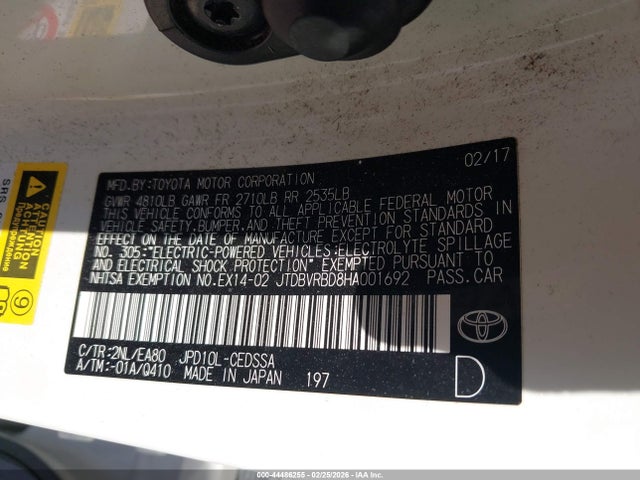 2017 Toyota Mirai მანქანა იყიდება აუქციონზე, vin: JTDBVRBD8HA001692, აუქციონის ნომერი: 44486255