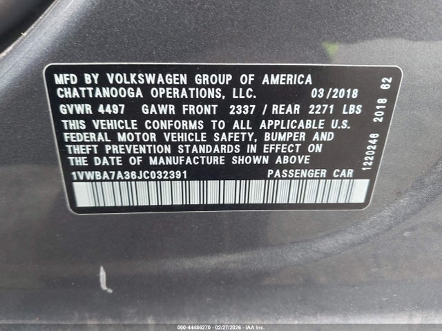 44486270 :رقم المزاد ، 1VWBA7A36JC032391 vin ، 2018 Volkswagen Passat 2.0t Se مزاد بيع