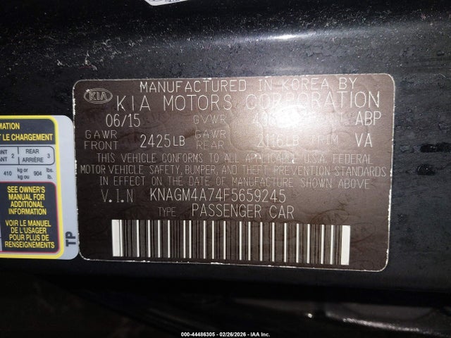 Aukcja sprzedaży 2015 Kia Optima Lx, vin: KNAGM4A74F5659245, numer aukcji: 44486305