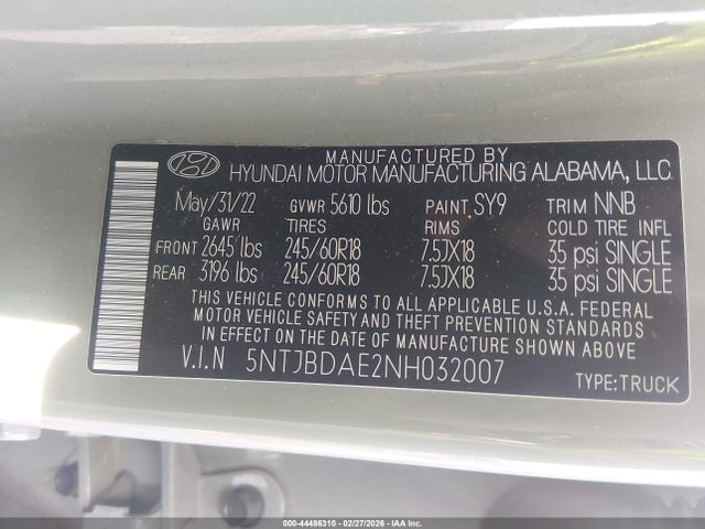 44486310 :رقم المزاد ، 5NTJBDAE2NH032007 vin ، 2022 Hyundai Santa Cruz Sel مزاد بيع