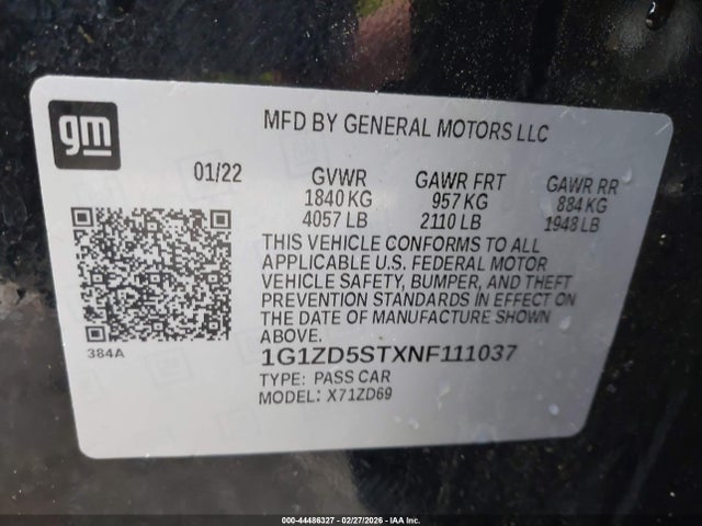 1G1ZD5STXNF111037 Chevrolet Malibu Fwd Lt