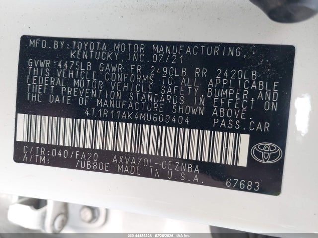 4T1R11AK4MU609404 Toyota CAMRY LE