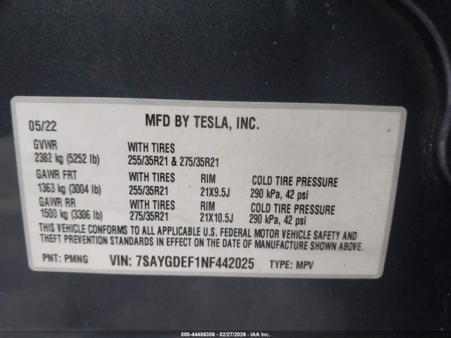 Продажа на аукционе авто 2022 Tesla Model Y Performance Dual Motor All-wheel Drive, vin: 7SAYGDEF1NF442025, номер лота: 44486356
