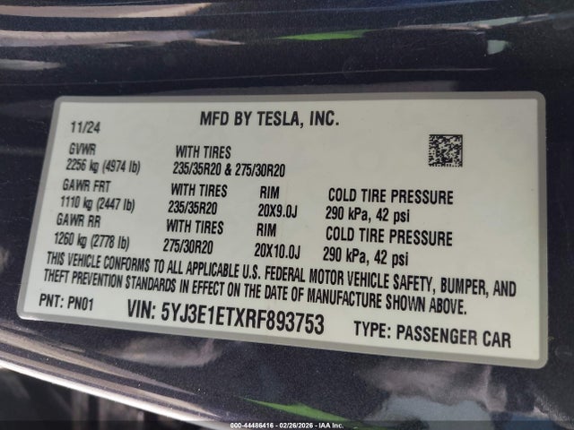 Продаж на аукціоні авто 2024 Tesla Model 3 Performance All-wheel Drive, vin: 5YJ3E1ETXRF893753, номер лоту: 44486416