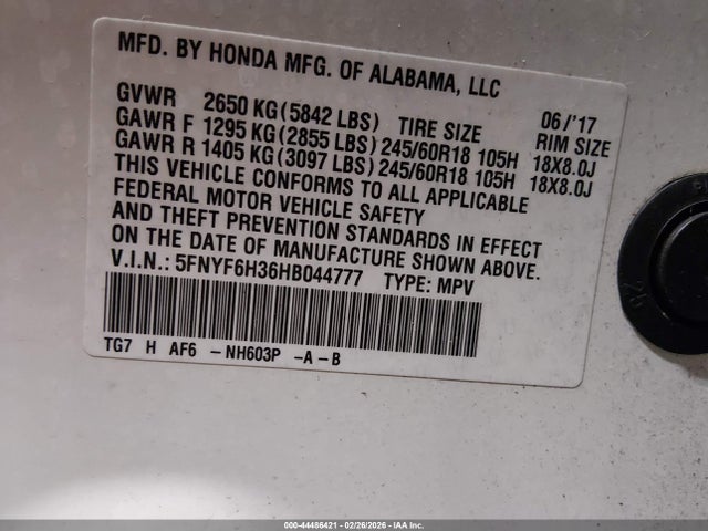 5FNYF6H36HB044777 Honda Pilot Ex