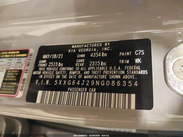 Aukcja sprzedaży 2022 Kia K5 Gt-line, vin: 5XXG64J29NG086354, numer aukcji: 44486432