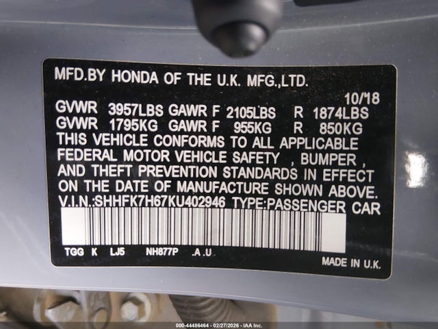 SHHFK7H67KU402946 Honda CIVIC EX
