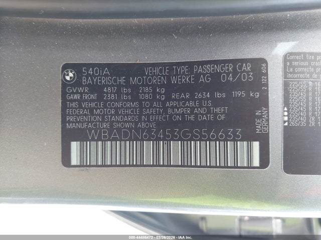Продажа на аукционе авто 2003 Bmw 540ia, vin: WBADN63453GS56633, номер лота: 44486472