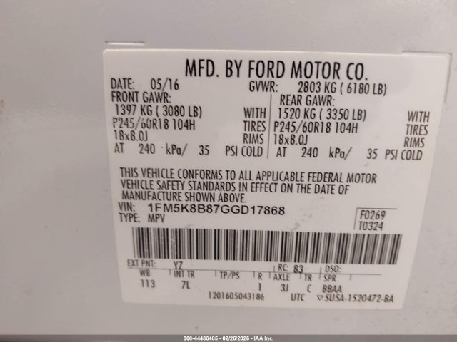 1FM5K8B87GGD17868 Ford Explorer