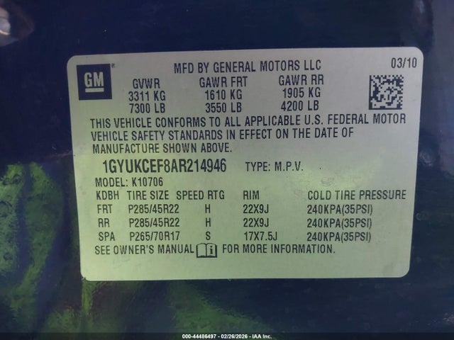 Auction sale of the 2010 Cadillac Escalade Premium, vin: 1GYUKCEF8AR214946, lot number: 44486497