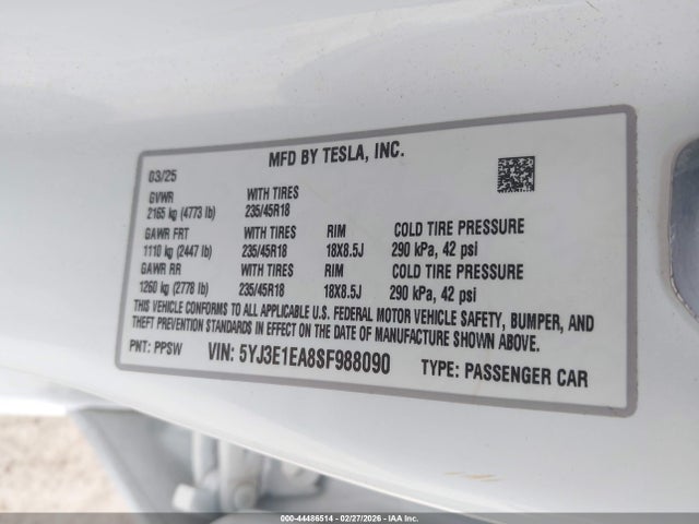 Продажа на аукционе авто 2025 Tesla Model 3 Long Range Rear-wheel Drive/standard Rear-wheel Drive, vin: 5YJ3E1EA8SF988090, номер лота: 44486514