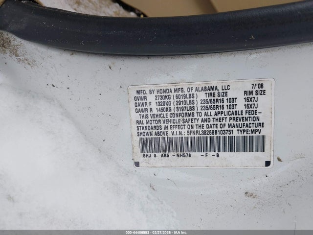 2008 Honda Odyssey Lx მანქანა იყიდება აუქციონზე, vin: 5FNRL38268B103751, აუქციონის ნომერი: 44486553