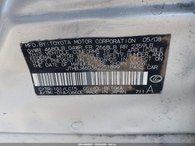 Продаж на аукціоні авто 2008 Lexus Es 350, vin: JTHBJ46G382251899, номер лоту: 44486581