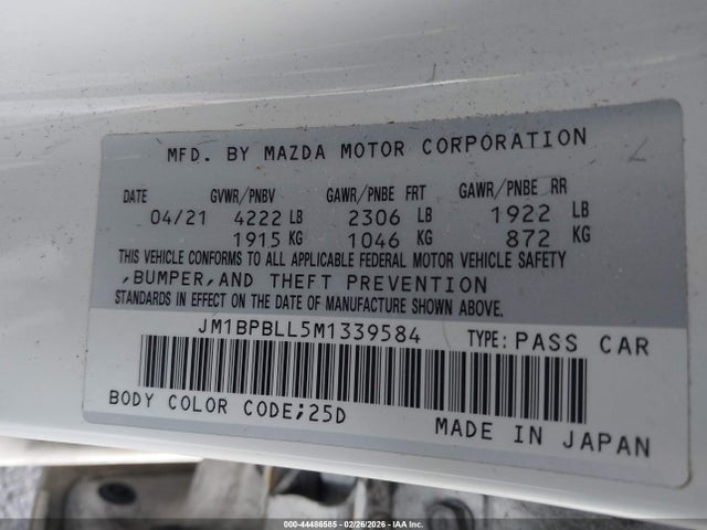 44486585 :رقم المزاد ، JM1BPBLL5M1339584 vin ، 2021 Mazda Mazda3 Preferred مزاد بيع