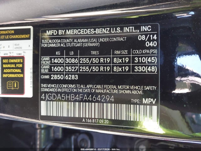 44486614 :رقم المزاد ، 4JGDA5HB4FA464294 vin ، 2015 Mercedes-benz Ml 350 4matic مزاد بيع