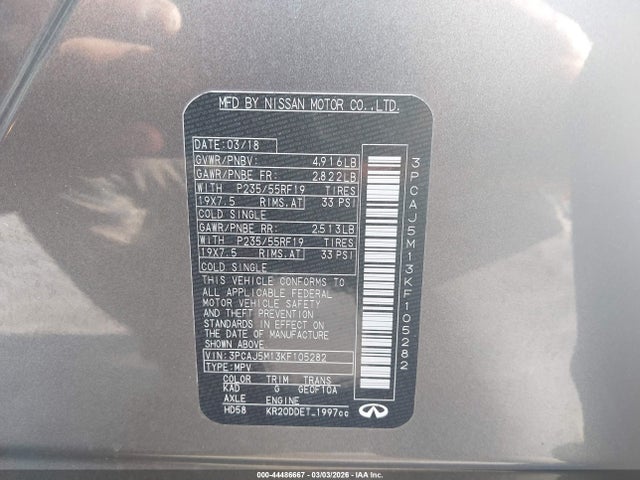 44486667 :رقم المزاد ، 3PCAJ5M13KF105282 vin ، 2019 Infiniti Qx50 Essential مزاد بيع