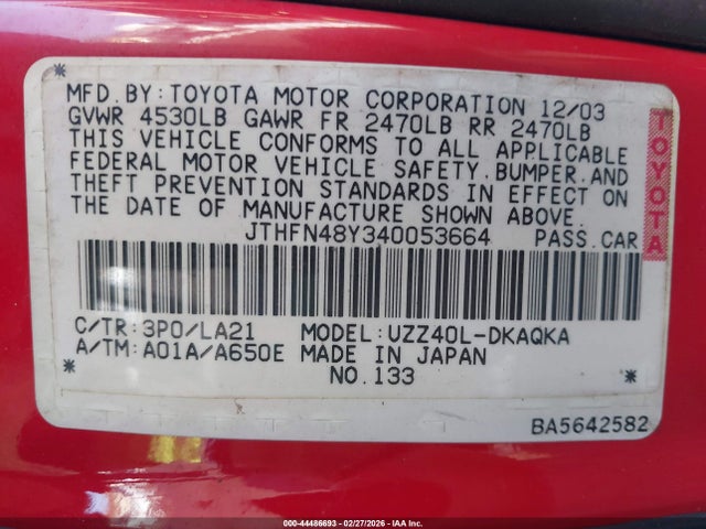 Продажа на аукционе авто 2004 Lexus Sc 430, vin: JTHFN48Y340053664, номер лота: 44486693