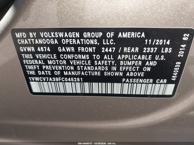Aukcja sprzedaży 2015 Volkswagen Passat 2.0l Tdi Sel Premium, vin: 1VWCV7A39FC045281, numer aukcji: 44486707
