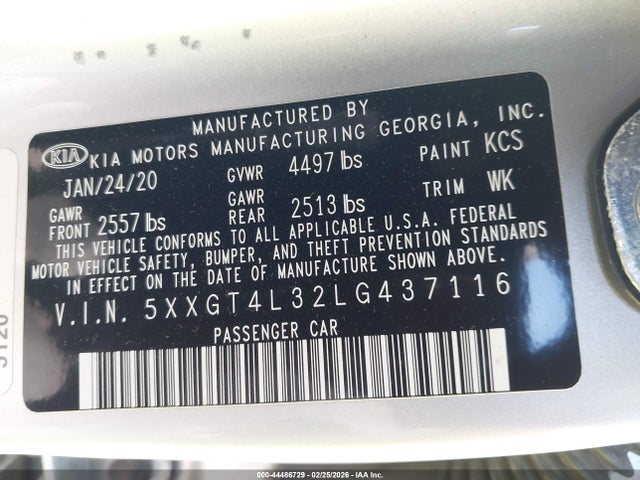 44486729 :رقم المزاد ، 5XXGT4L32LG437116 vin ، 2020 Kia Optima Lx مزاد بيع