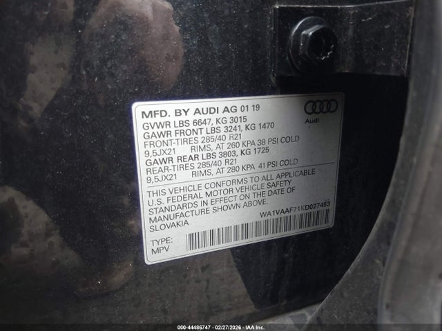 2019 Audi Q7 55 Premium მანქანა იყიდება აუქციონზე, vin: WA1VAAF71KD027453, აუქციონის ნომერი: 44486747