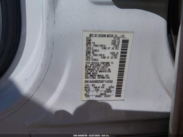 Aukcja sprzedaży 2005 Nissan Armada Le, vin: 5N1AA08B25N714256, numer aukcji: 44486749