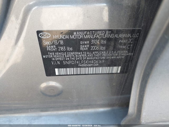 2019 Hyundai Elantra Se მანქანა იყიდება აუქციონზე, vin: 5NPD74LF5KH406169, აუქციონის ნომერი: 44486760