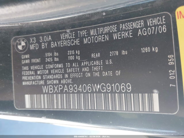 Aukcja sprzedaży 2006 Bmw X3 3.0i, vin: WBXPA93406WG91069, numer aukcji: 44486761