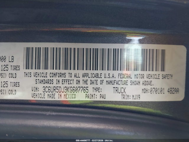 Продаж на аукціоні авто 2019 Ram 2500 Big Horn  4x4 6'4 Box, vin: 3C6UR5DJ3KG607765, номер лоту: 44486777