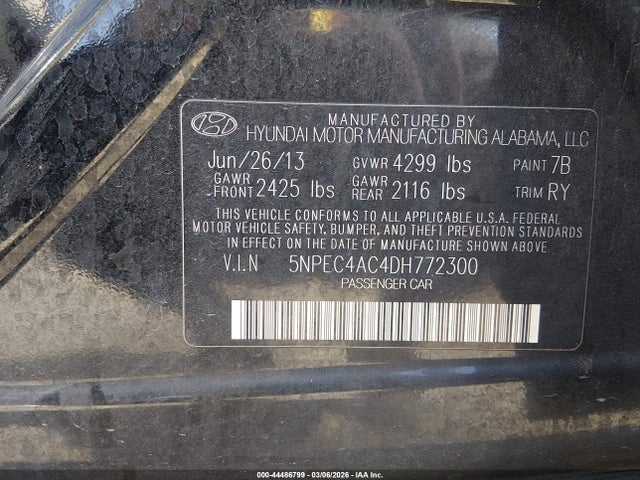 Продаж на аукціоні авто 2013 Hyundai Sonata Se, vin: 5NPEC4AC4DH772300, номер лоту: 44486799
