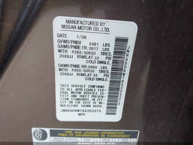 Aukcja sprzedaży 2006 Infiniti Fx35, vin: JNRAS08W76X202275, numer aukcji: 44486822