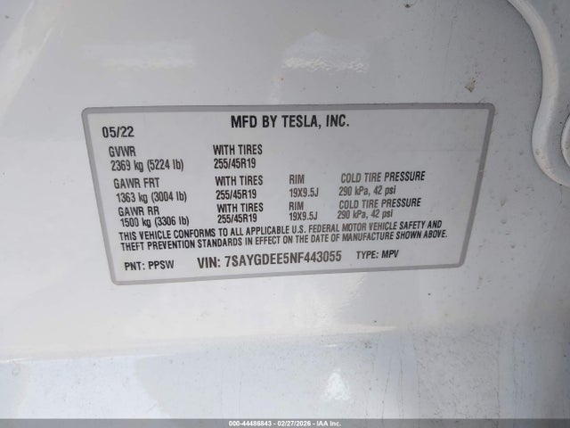 7SAYGDEE5NF443055 Tesla Model Y Long Range Dual Motor All-wheel Drive