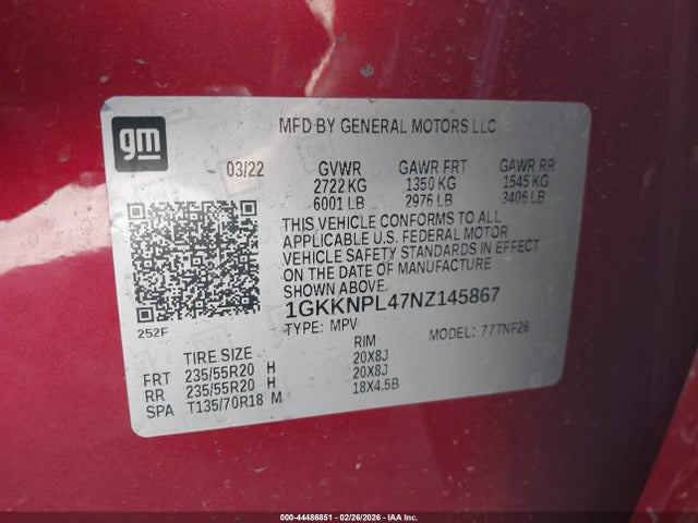 Aukcja sprzedaży 2022 Gmc Acadia Fwd Denali, vin: 1GKKNPL47NZ145867, numer aukcji: 44486851