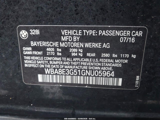 Aukcja sprzedaży 2016 Bmw 328i Xdrive, vin: WBA8E3G51GNU05964, numer aukcji: 44486853