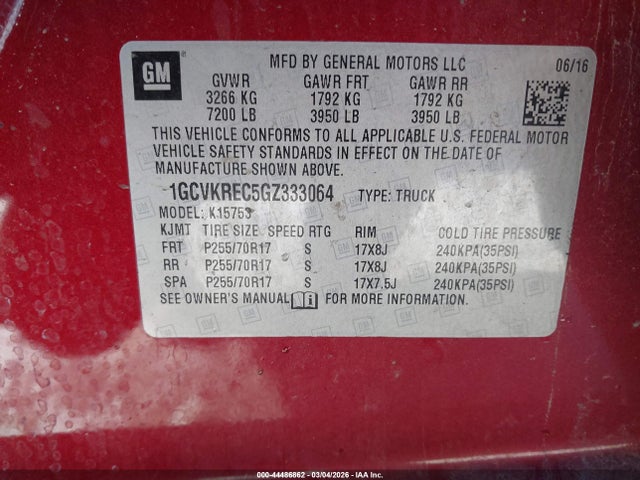 Продаж на аукціоні авто 2016 Chevrolet Silverado 1500 1lt, vin: 1GCVKREC5GZ333064, номер лоту: 44486862