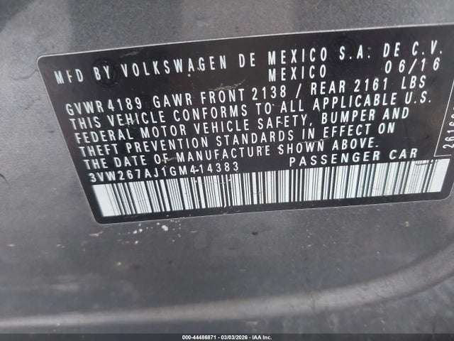 Продаж на аукціоні авто 2016 Volkswagen Jetta 1.4t S, vin: 3VW267AJ1GM414383, номер лоту: 44486871