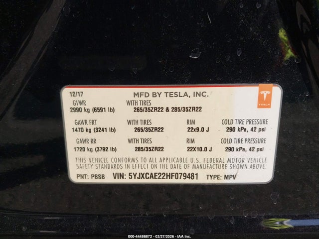 Продаж на аукціоні авто 2017 Tesla Model X 100d/75d/90d, vin: 5YJXCAE22HF079481, номер лоту: 44486872