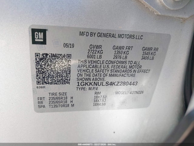 Продаж на аукціоні авто 2019 Gmc Acadia Slt-1, vin: 1GKKNULS4KZ280443, номер лоту: 44486873