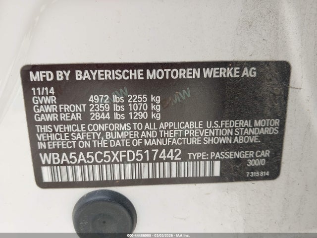 2015 Bmw 528i მანქანა იყიდება აუქციონზე, vin: WBA5A5C5XFD517442, აუქციონის ნომერი: 44486905