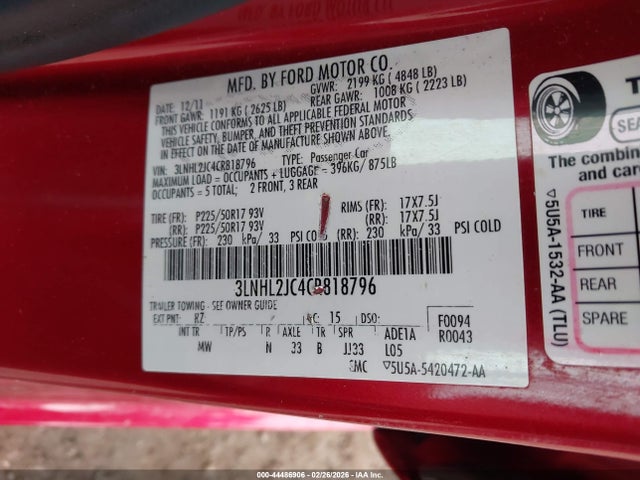 Aukcja sprzedaży 2012 Lincoln Mkz, vin: 3LNHL2JC4CR818796, numer aukcji: 44486906