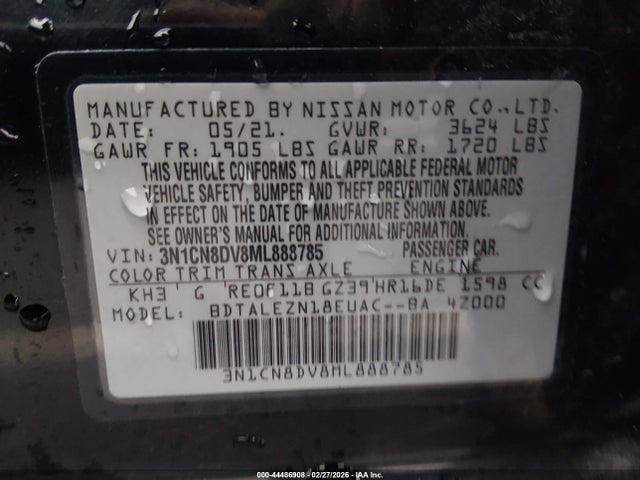 Aukcja sprzedaży 2021 Nissan Versa S Xtronic Cvt, vin: 3N1CN8DV8ML888785, numer aukcji: 44486908