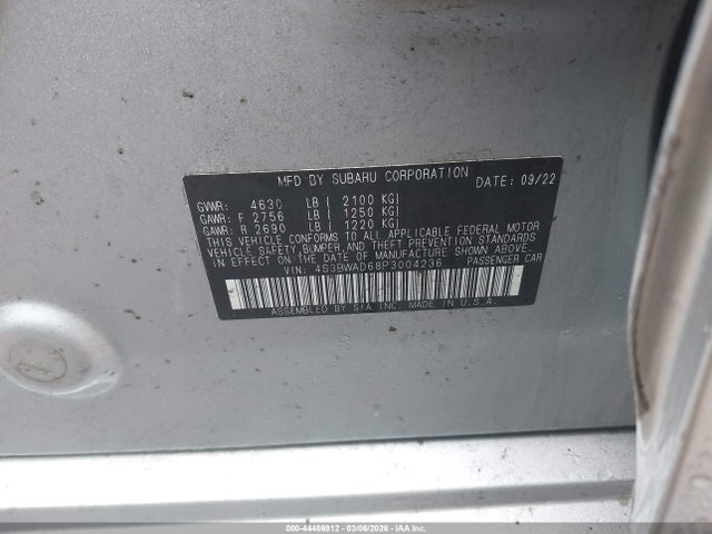 2023 Subaru Legacy Premium მანქანა იყიდება აუქციონზე, vin: 4S3BWAD68P3004236, აუქციონის ნომერი: 44486912