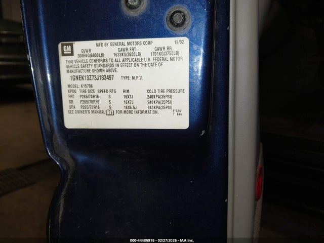 2003 Chevrolet Tahoe Lt მანქანა იყიდება აუქციონზე, vin: 1GNEK13Z73J183497, აუქციონის ნომერი: 44486915