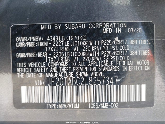 Продаж на аукціоні авто 2020 Subaru Crosstrek, vin: JF2GTABC2L8257347, номер лоту: 44486933