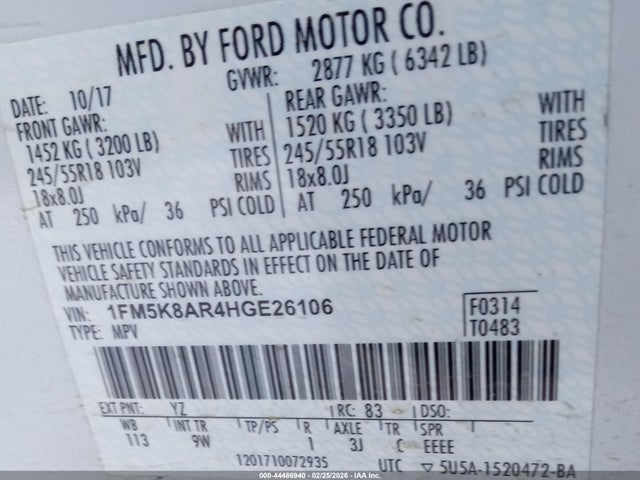 1FM5K8AR4HGE26106 Ford Utility Police Interceptor