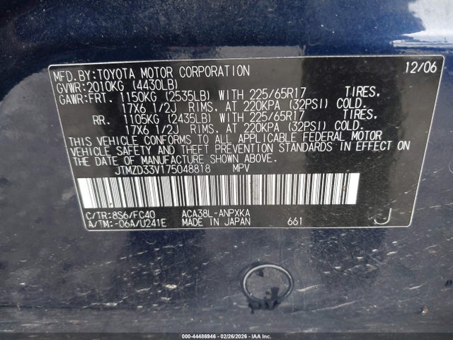 Aukcja sprzedaży 2007 Toyota Rav4, vin: JTMZD33V175048818, numer aukcji: 44486946