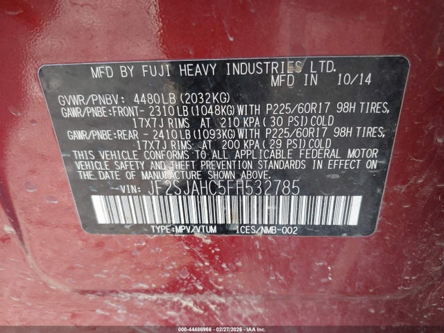 44486966 :رقم المزاد ، JF2SJAHC5FH532785 vin ، 2015 Subaru Forester 2.5i Limited مزاد بيع